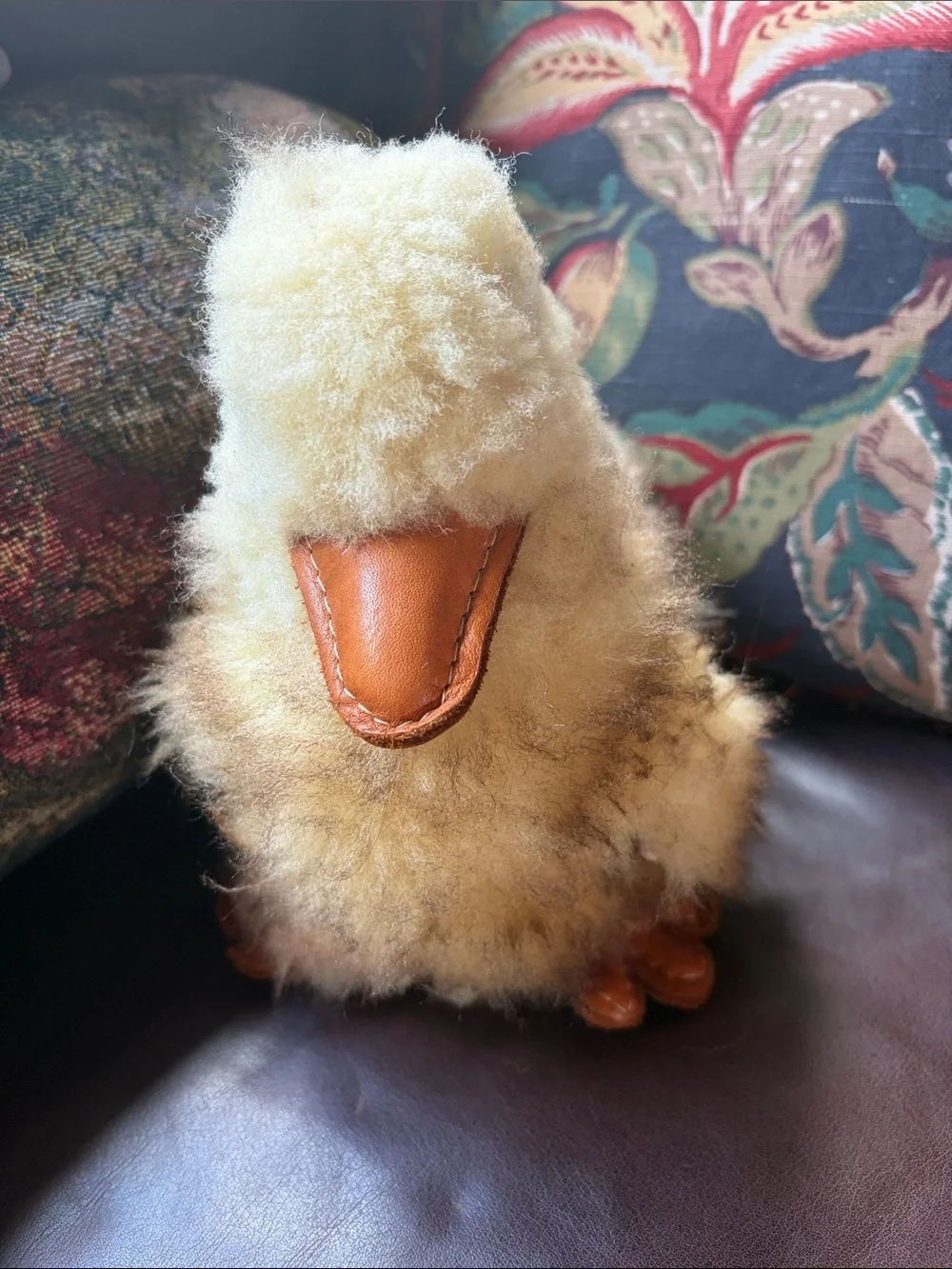 Vintage Handcrafted Furry Duckling Plushy Soft Sculpture - Leather Wings & Feet
